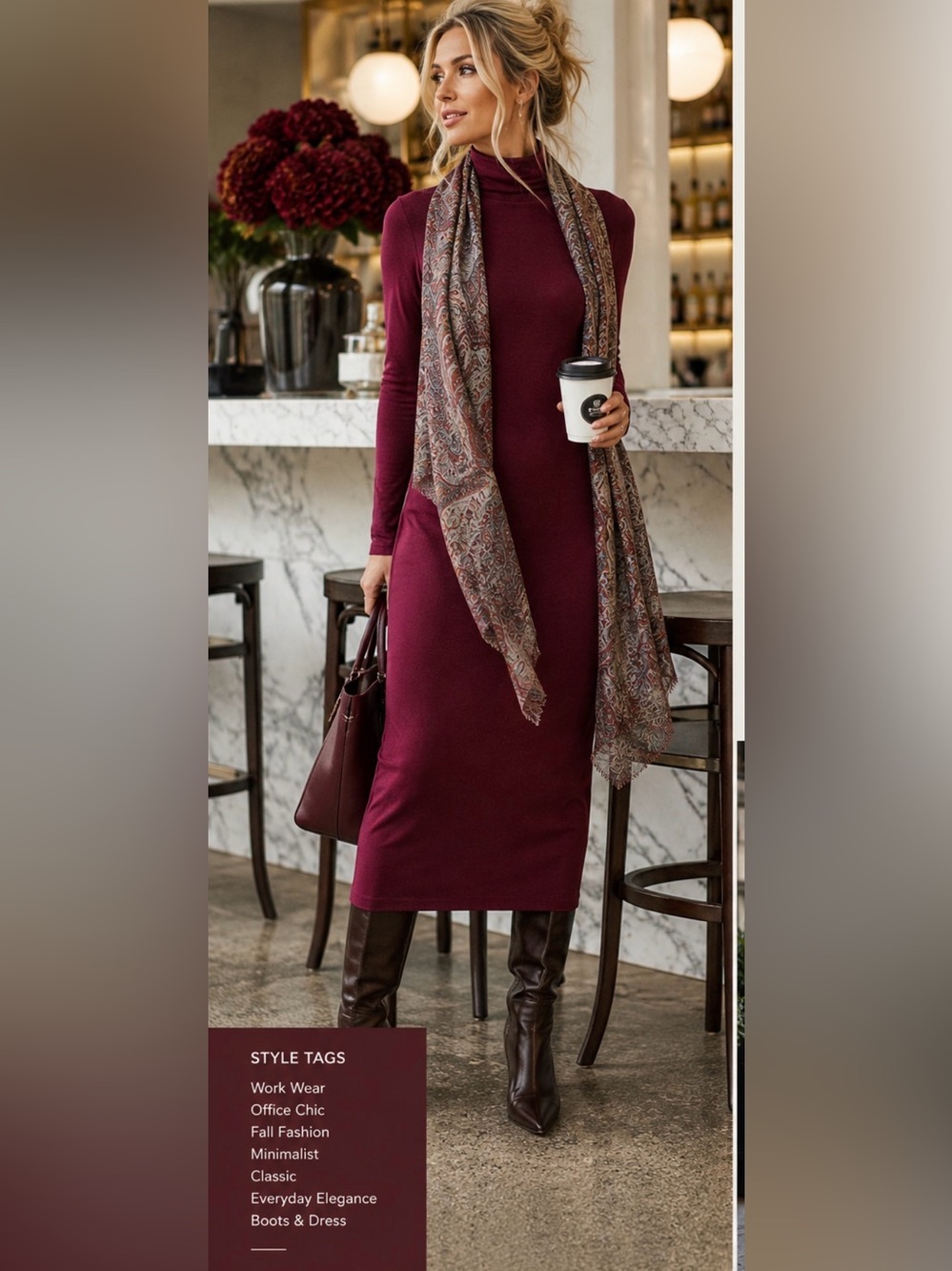 FRANSA Burgundy Stretch Turtleneck Midi Dress Size Small
